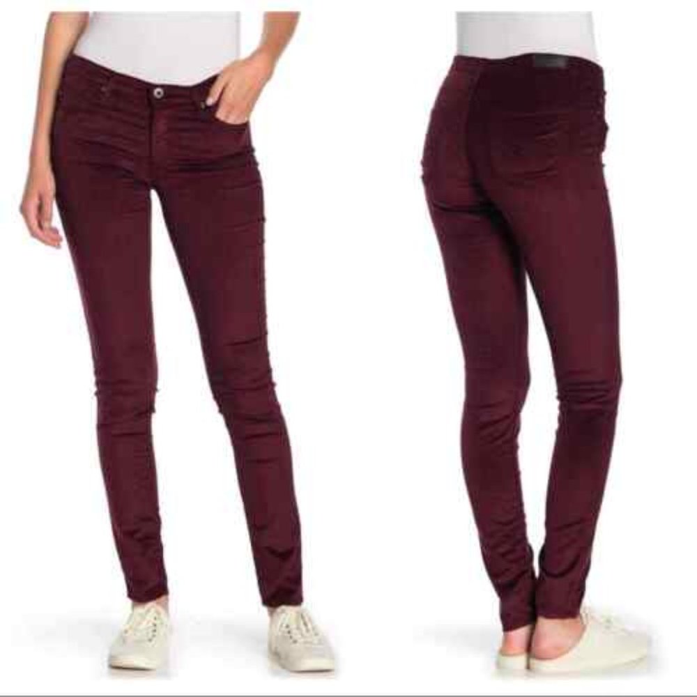 AG Jeans Women's Maroon Red Stretch Corduroy Pants, The Legging Super Sk…